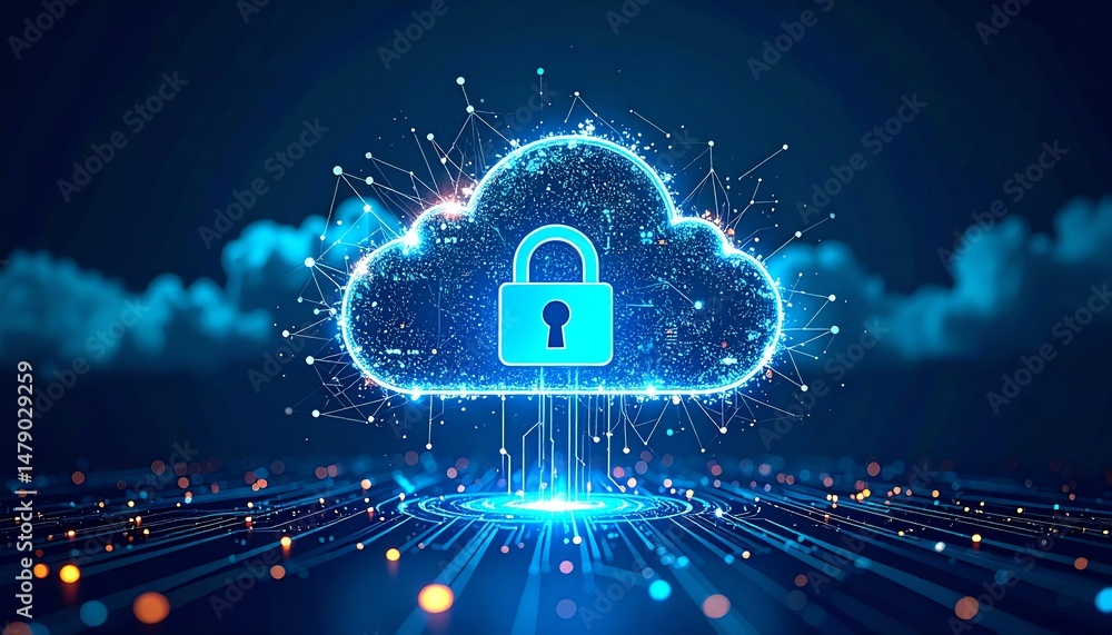 Aufkleber digital cloud with a padlock symbolizes cybersecurity and data protection, featuring glowing network