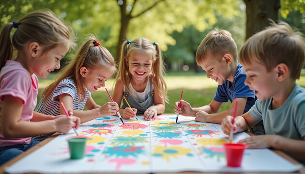  Smiling children drawing friendship banner outdoors in bright colors

