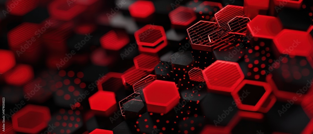 Fototapete abstract geometric pattern of overlapping hexagons in red and black.