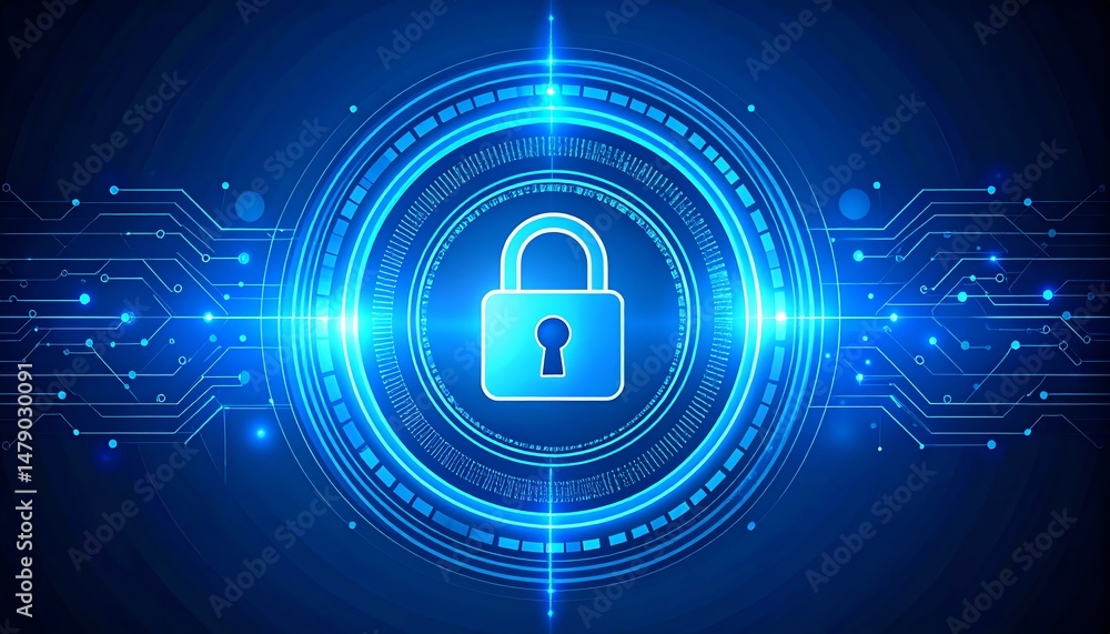 Poster a digital lock symbol surrounded by glowing circuitry and a blue background, representing cybersecur
