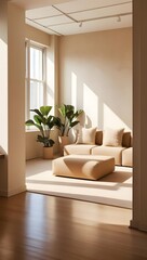 A sunlit loft living space featuring a modular sofa and low coffee table, in warm beige and tan colors. Decorated with potted plants and neutral-toned cushions, illuminated by direct window sunlig (8)