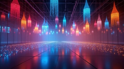 Late-night party with glowing AR confetti and countdown visuals, dynamic indoor setting, soft vibrant lighting, photorealistic