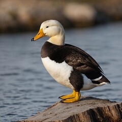 Spectacled Eider bird on piece of wood