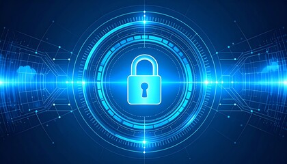 A digital lock icon surrounded by a futuristic blue background, symbolizing security and data protection in technology