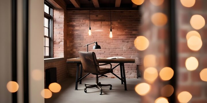 An industrial-style home office with a metal-legged desk and leather chair, set in a loft room with exposed brick walls. Decorated with simple black desk lamp and notebook, lit by hanging bulb lights.