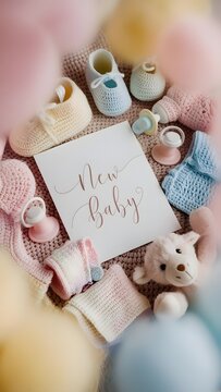 A baby announcement card with new baby hand-lettered, surrounded by soft pastel baby clothes, pacifiers and plush toys (1)