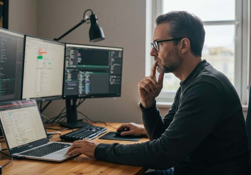 Man with glasses working on multiple computer screens in a bright office setting