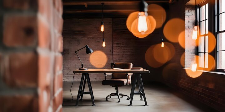 An industrial-style home office with a metal-legged desk and leather chair, set in a loft room with exposed brick walls. Decorated with simple black desk lamp and notebook, lit by hanging bulb 