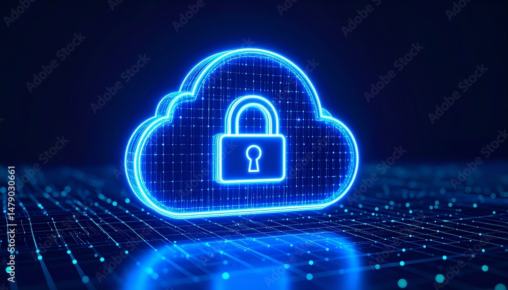 Poster a glowing cloud with a padlock symbolizes digital security and data protection in a tech-oriented en