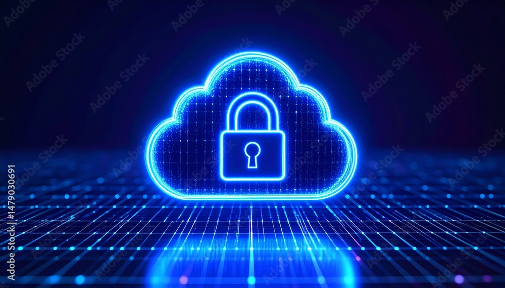 Poster a glowing cloud icon with a padlock, representing digital security and cloud storage technology in a