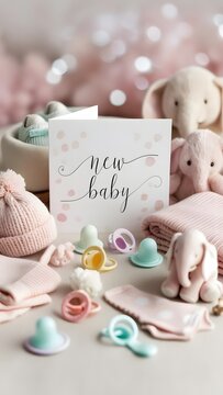A baby announcement card with new baby hand-lettered, surrounded by soft pastel baby clothes, pacifiers and plush toys (3)