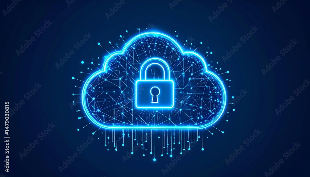 Poster a glowing cloud with a lock symbol, representing cybersecurity and data protection in the digital sp