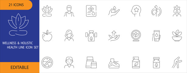 A versatile wellness line icon set featuring meditation, yoga, mental health, nutrition, and self-care symbols. Ideal for apps, infographics, and branding projects.