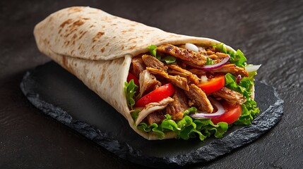 Juicy Shawarma Roll Wrapped in Pita with Crisp Vegetables