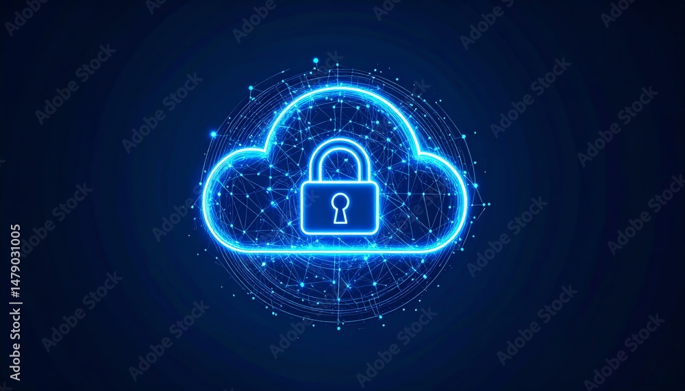 Poster a digital cloud with a padlock symbol, representing secure cloud computing and data protection, illu
