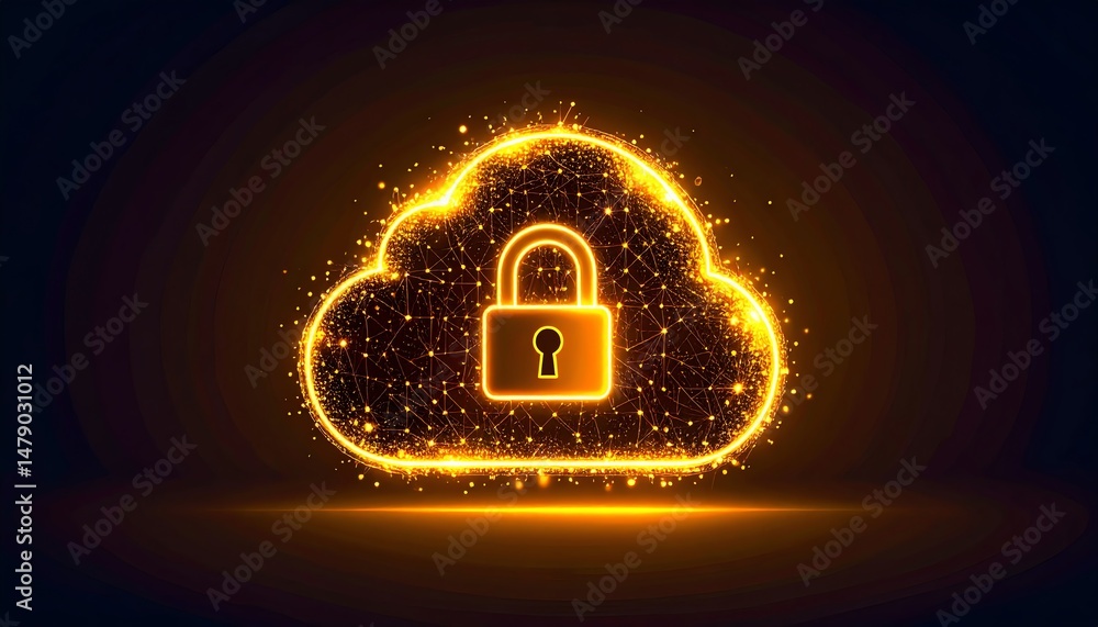 Poster a glowing cloud with a padlock symbolizes digital security and data protection in a modern, tech-ins
