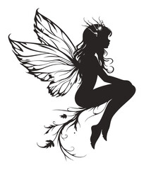 Elegant Fairy Silhouette with Intricate Wing Design and Floral Accents