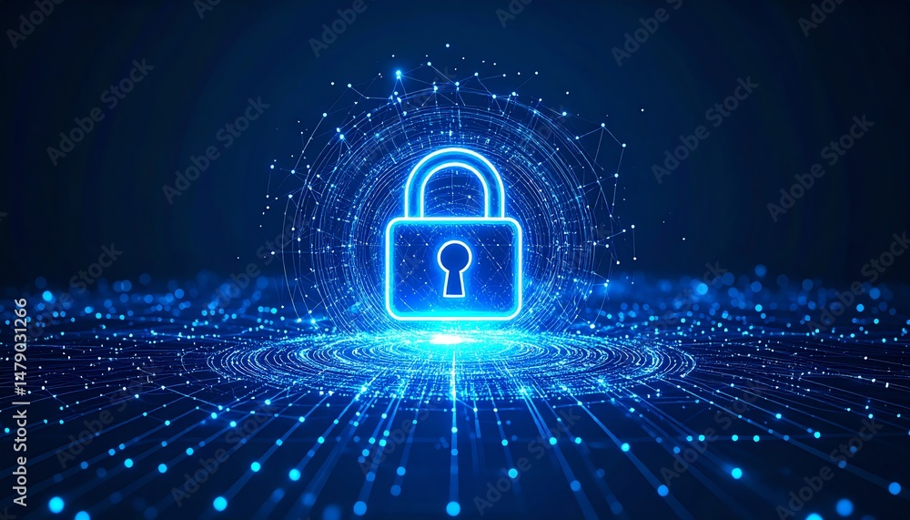Poster a glowing blue lock symbol surrounded by digital lines and nodes, representing cybersecurity and dat
