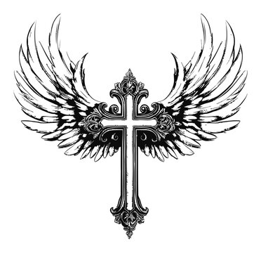 Ornate Wings with Cross Illustration for Religious and Artistic Use