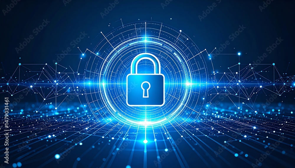 Poster a digital padlock surrounded by glowing connections symbolizes cybersecurity and data protection in 