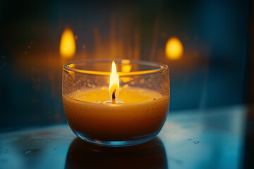 Macro Close-Up of Hanukkah Menorah Candle with Flame Reflection in Glass &ndash; Evening Glow