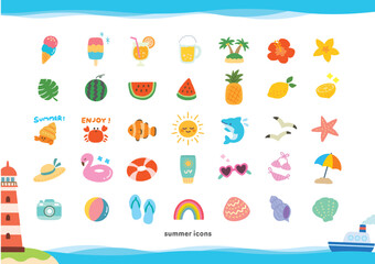 Fototapeta premium Summer vacation icon set with beach, food, animals and tropical items in cute hand-drawn style