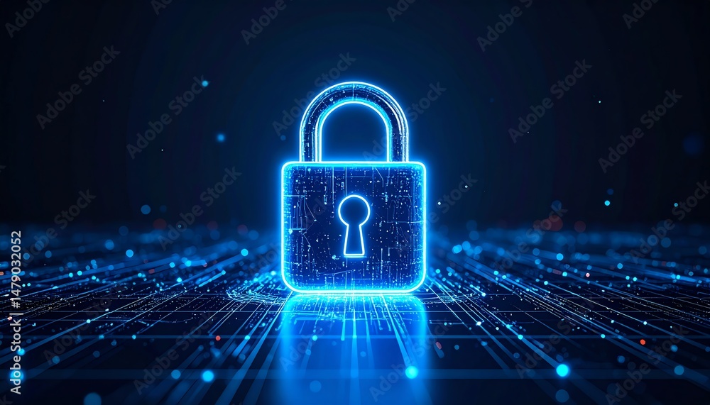 Poster a glowing digital lock symbol against a dark background, representing cybersecurity and data protect