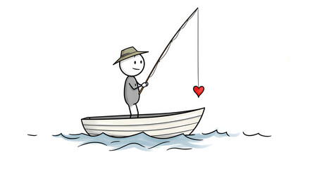 A stick figure with a white noggin and grey body stands in a small white rowboat