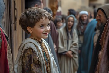 Naklejka premium Christianity. The boy Jesus teaches in the temple, astonishing the teachers with His wisdom. (Luke 2:41-52)