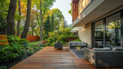Modern outdoor patio with lush greenery