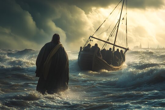 Christianity. Jesus walks on water to meet His disciples in their boat. (Matthew 14:22-33)