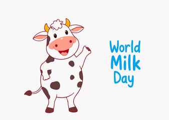 Illustration of a cow with milk carton, glass, dairy bowl, and text highlighting World Milk Day.