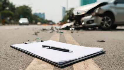 Car Accident Scene with Blank Paper and Pen on the Roadway
