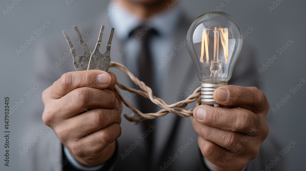Poster illuminating the strategy: a well-dressed individual holds a light bulb, illuminating the path to su