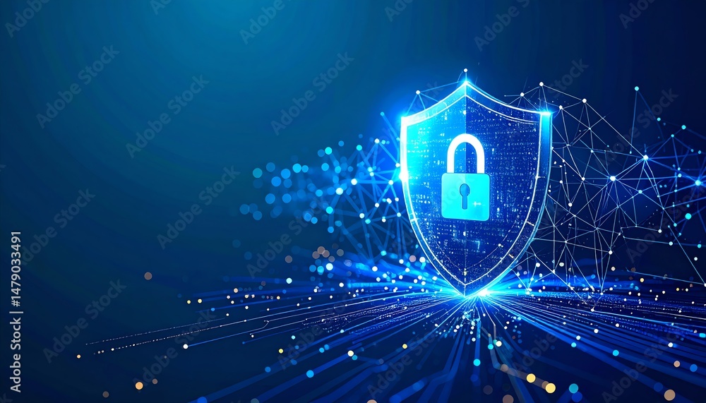 Poster a digital shield representing cybersecurity, with a padlock symbol, surrounded by glowing lines and 
