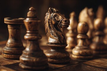 Black chess pieces, including the powerful black queen, are positioned on a wooden chessboard, ready for a strategic game of competition