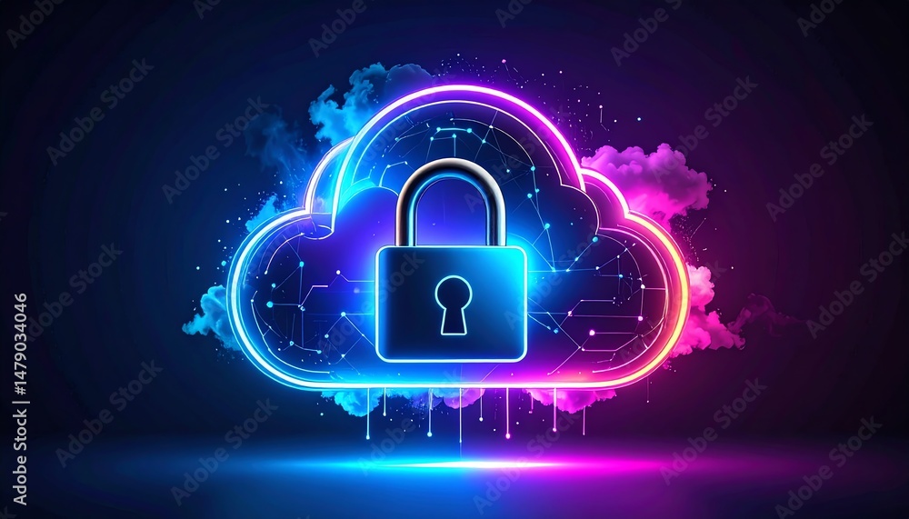 Poster a vibrant cloud with a padlock symbolizes digital security and data protection in a colorful, modern