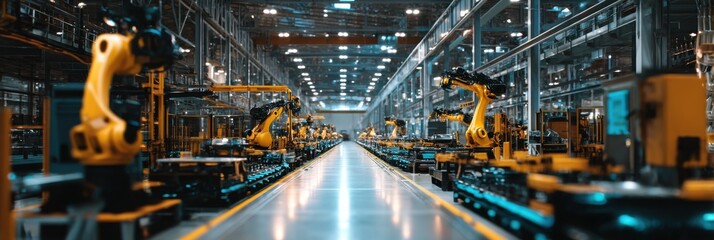 Modern Factory Interior with Robotic Arms and Production Lines