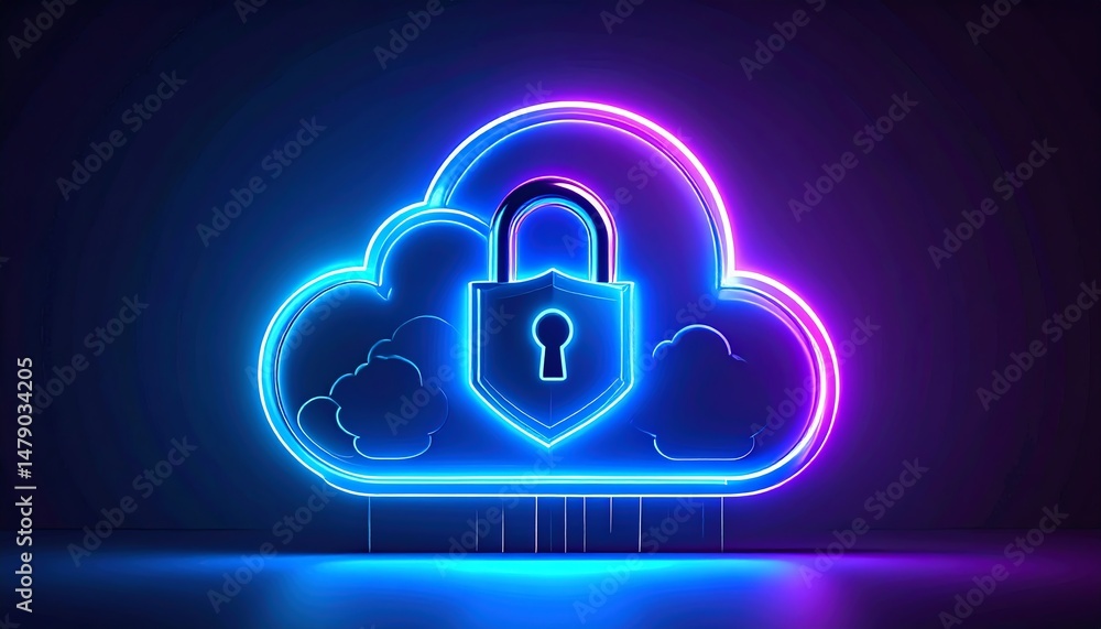 Poster a glowing cloud with a padlock symbolizes secure cloud storage and data protection in a vibrant neon