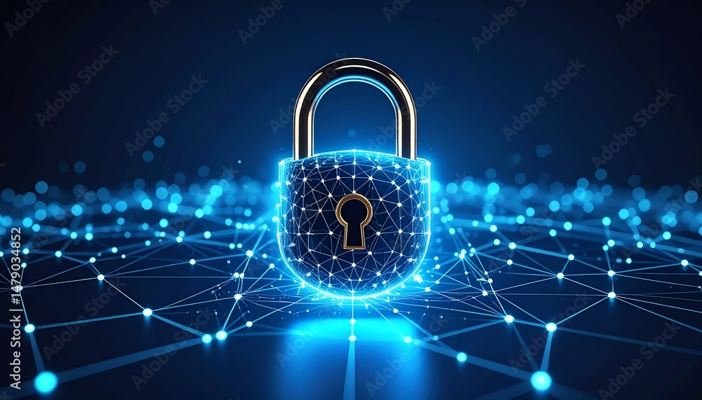 Poster a digital padlock surrounded by glowing network connections symbolizes cybersecurity and data protec