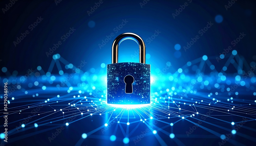 Poster a digital padlock symbolizes cybersecurity, surrounded by a network of glowing connections, represen