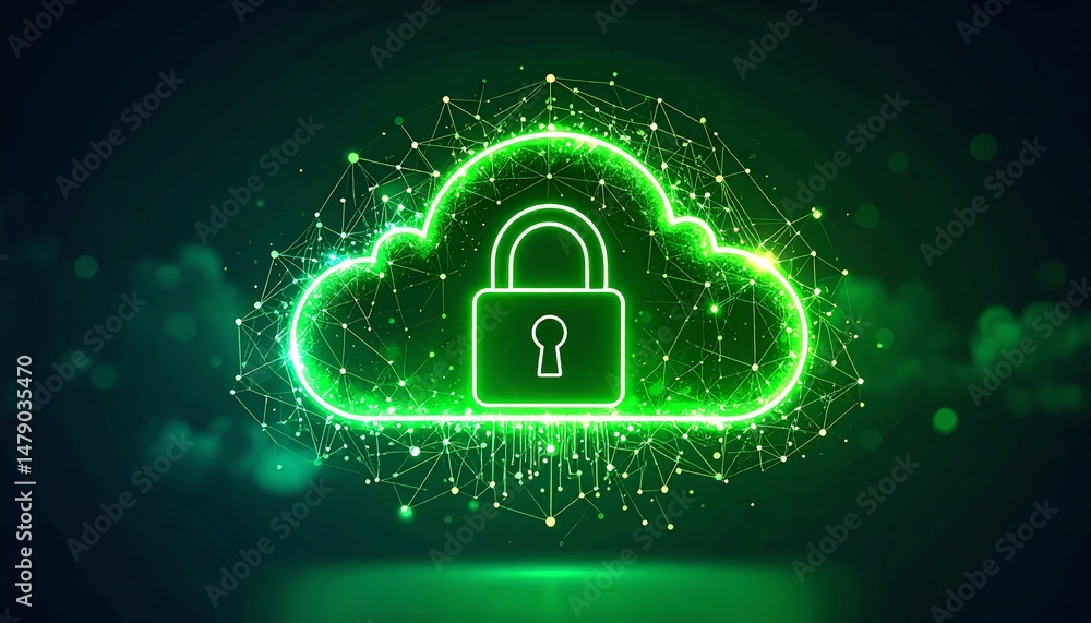 Poster a glowing green cloud with a padlock symbolizes digital security and cloud technology, emphasizing d