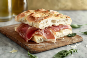 Focaccia with Parma Ham. Food advertising photo.