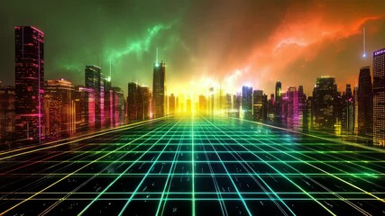 Vibrant Cyberpunk Cityscape, Retro Grid Meets Futuristic Design - Powered by Adobe