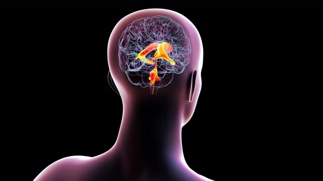 Animation of a human brain with the ventricular system highlighted. Brain ventricles are cavities in the brain filled with cerebrospinal fluid (CSF).