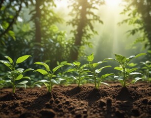 Vibrant green coffee seedlings reaching for sunlight, lush backdrop ,  environment,  earth