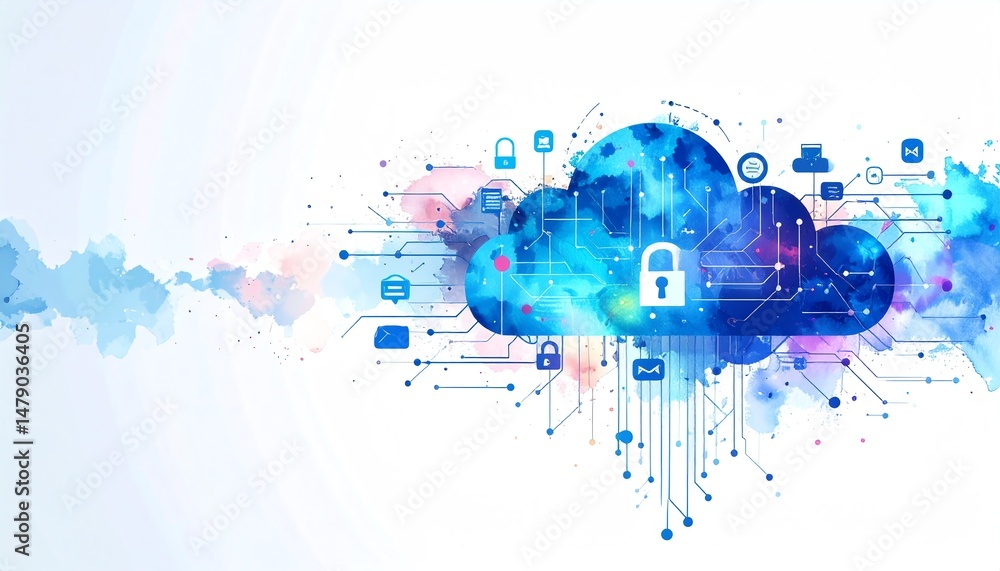 Poster a colorful cloud design featuring digital elements and a lock symbol, representing cybersecurity and