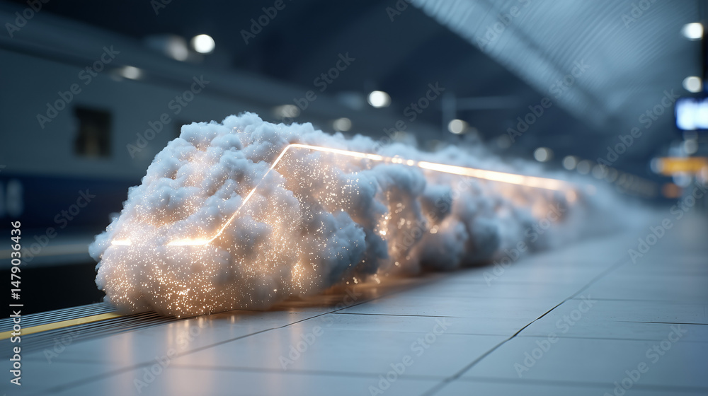 Poster train in cloud: a high-speed train is mysteriously enveloped in a luminous cloud, creating a surreal