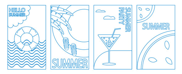 Summer. Set of vector summer backgrounds. Line drawing. Fruit beach umbrella, flip flops and cocktail. Abstract background, patterns for posters, covers, flyers, banners.
