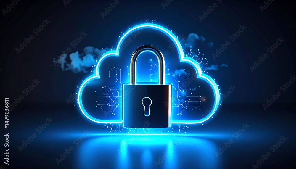 Aufkleber a digital cloud with a padlock symbolizes cybersecurity and data protection in a futuristic design